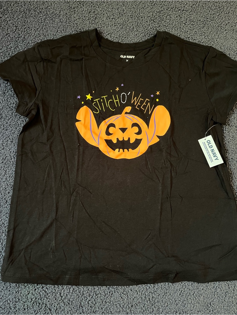 Old Navy “StitchO’Ween” Black Tee with Orange Pumpkin-Stitch Graphic